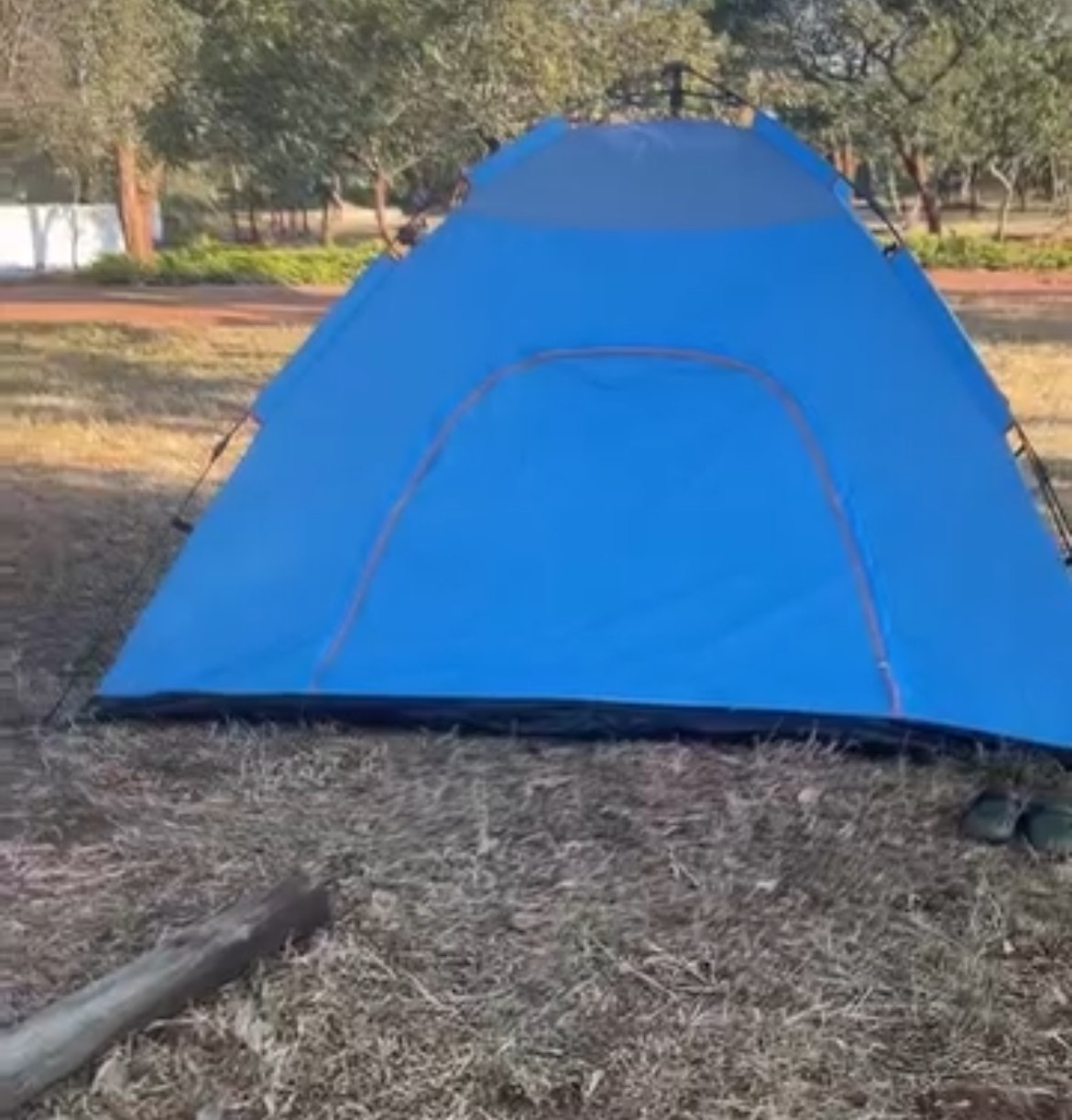 A pitched tent on open grass at Camp Kobya